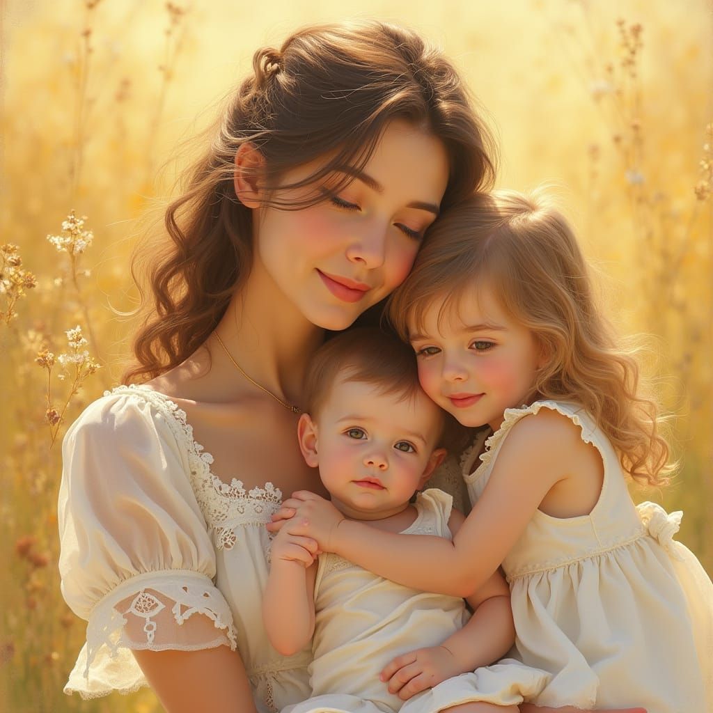 Mother Surrounded by Loving Children in a Warm, Golden Light