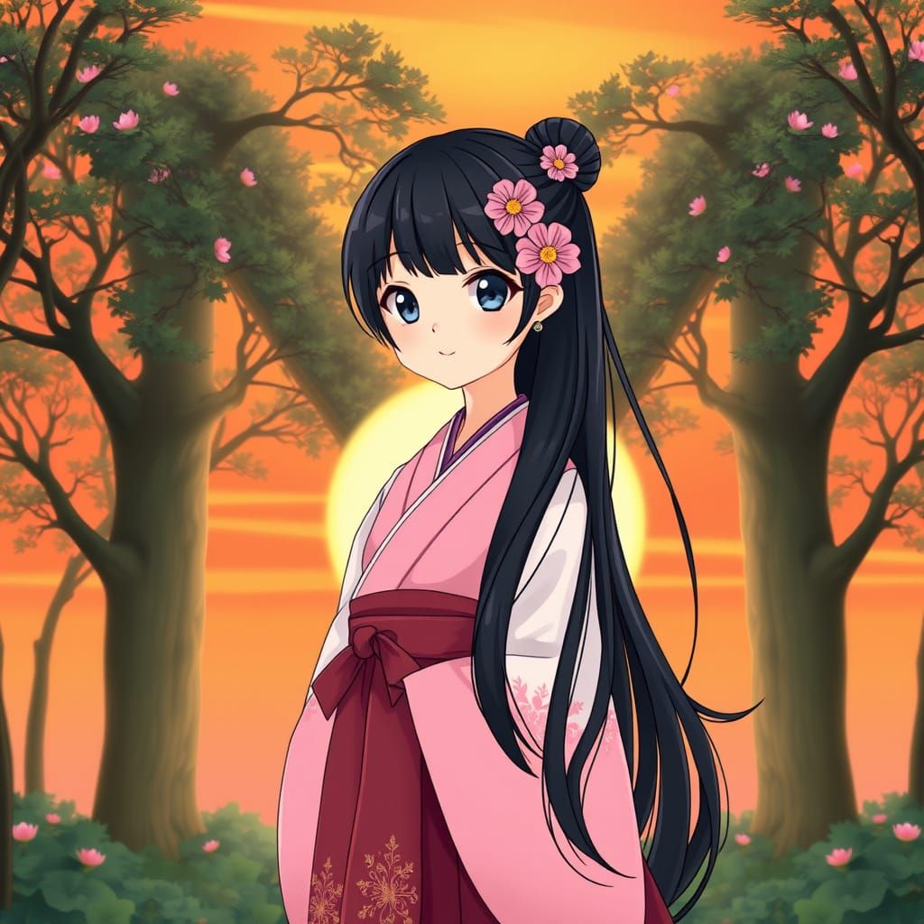 Japanese Woman in Forest Under Sunset Sky