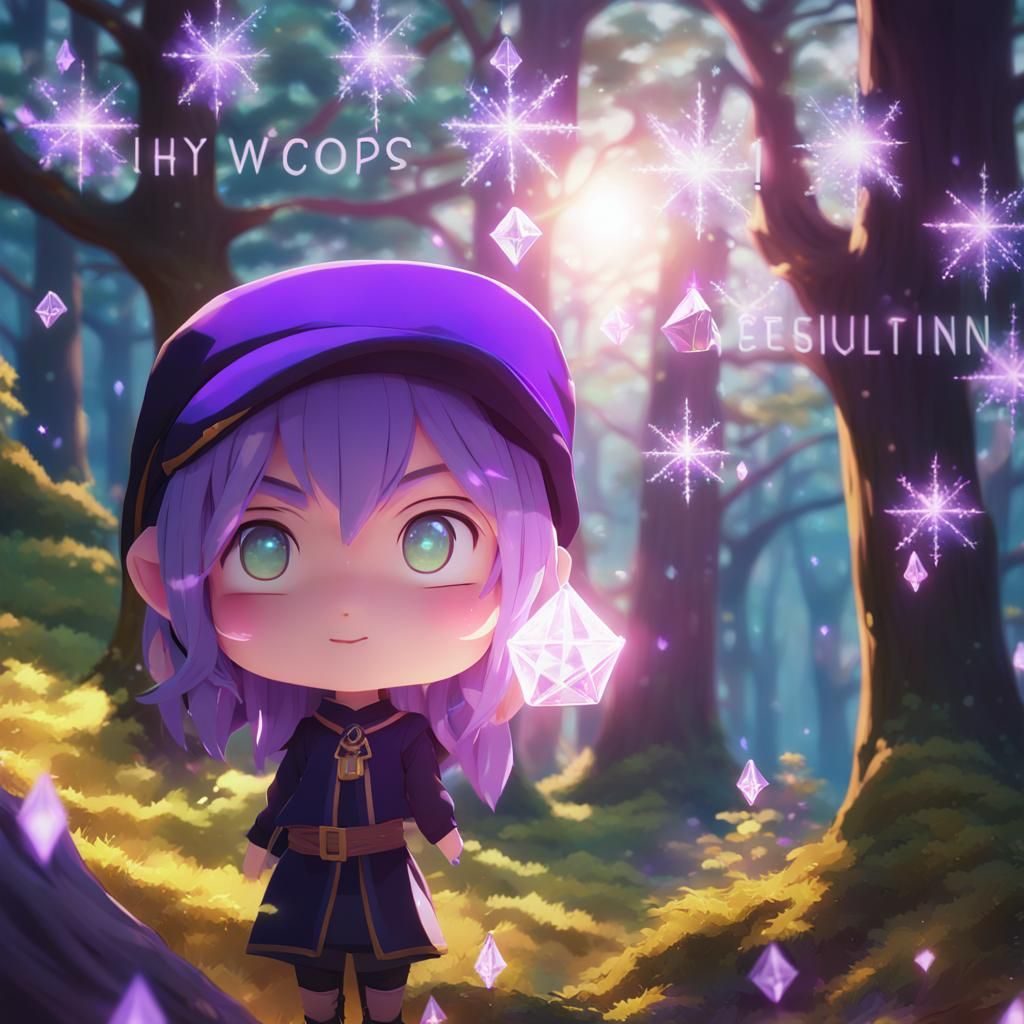 Cute Anime Witch in Purple Hat in Forest