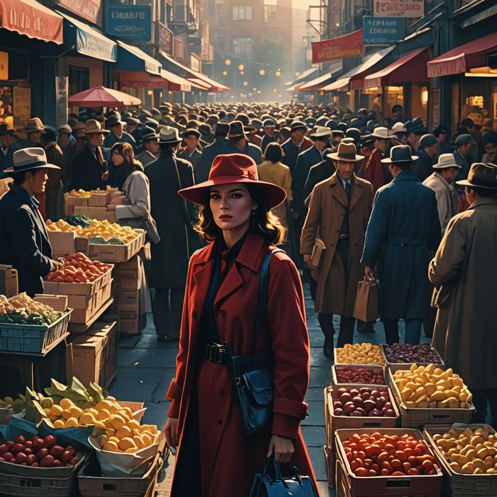 Carmen Sandiego in Crowded Market, Cinematic Film Still