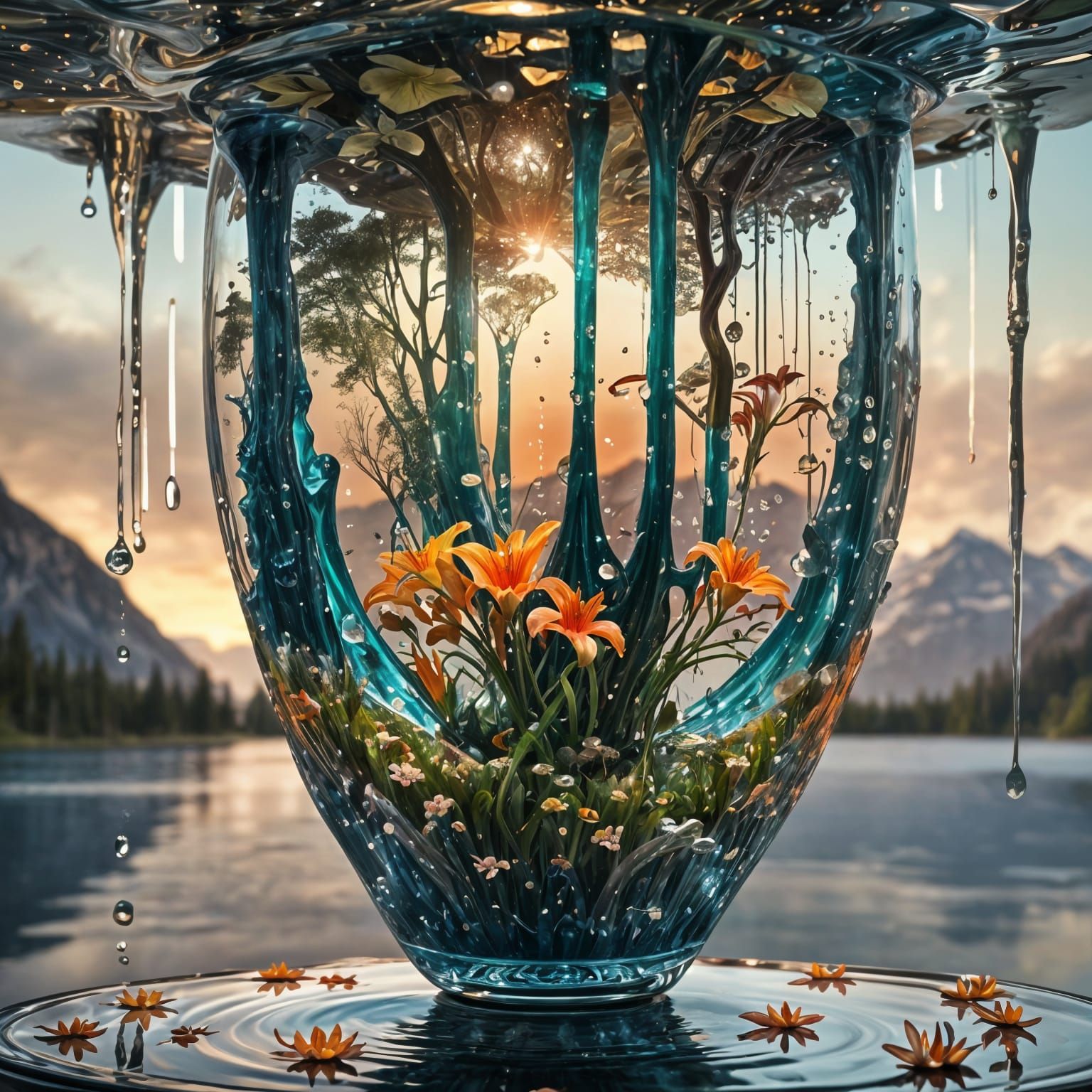 Surreal Inverted Vase with Mountain Lake Scene