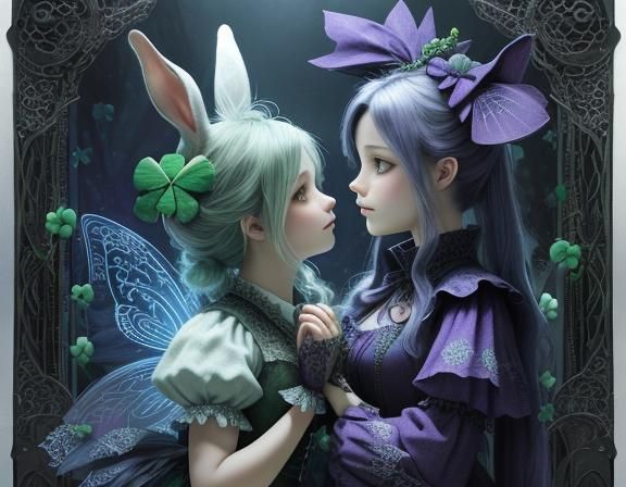 Fairy and Rabbit Sharing Clover in Dark Fantasy