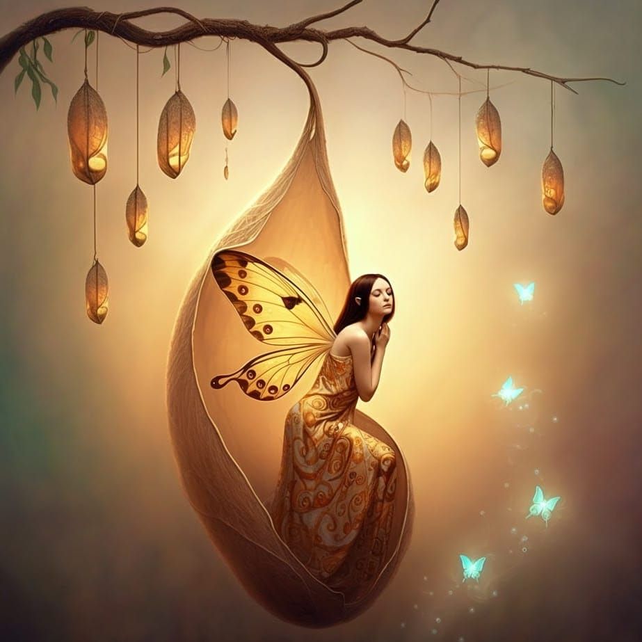 a woman emerging from a cocoon with butterfly wings, symboli...
