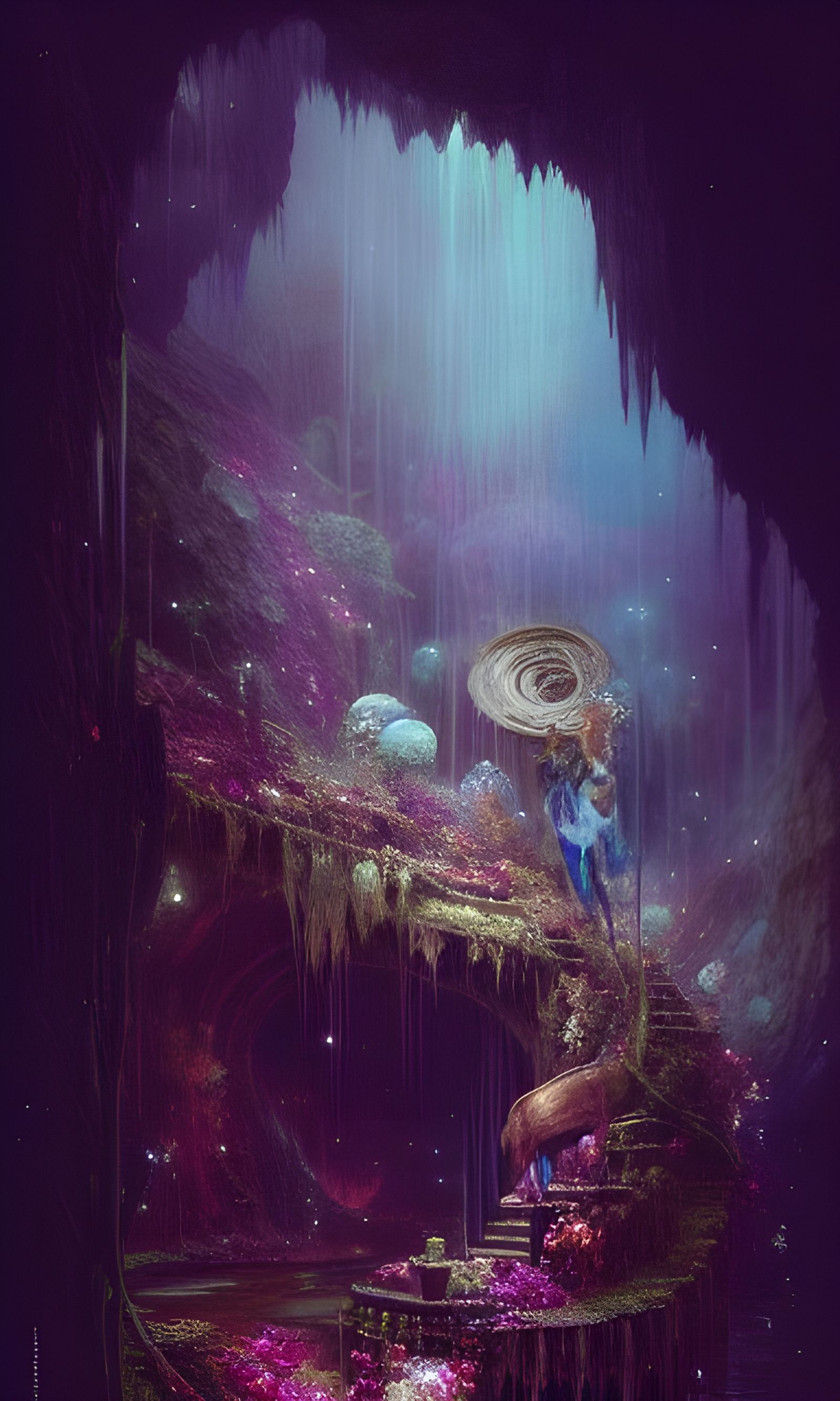 Glowing Fantasy Cave with Sparkling Flowers