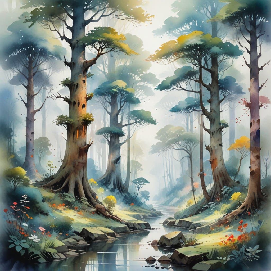 Fantasy Forest with Ancient Trees, Watercolor Style
