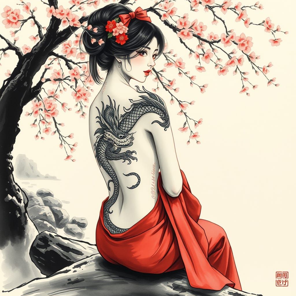 Geisha Goddess Basks Under Cherry Blossoms in Classic Japane...