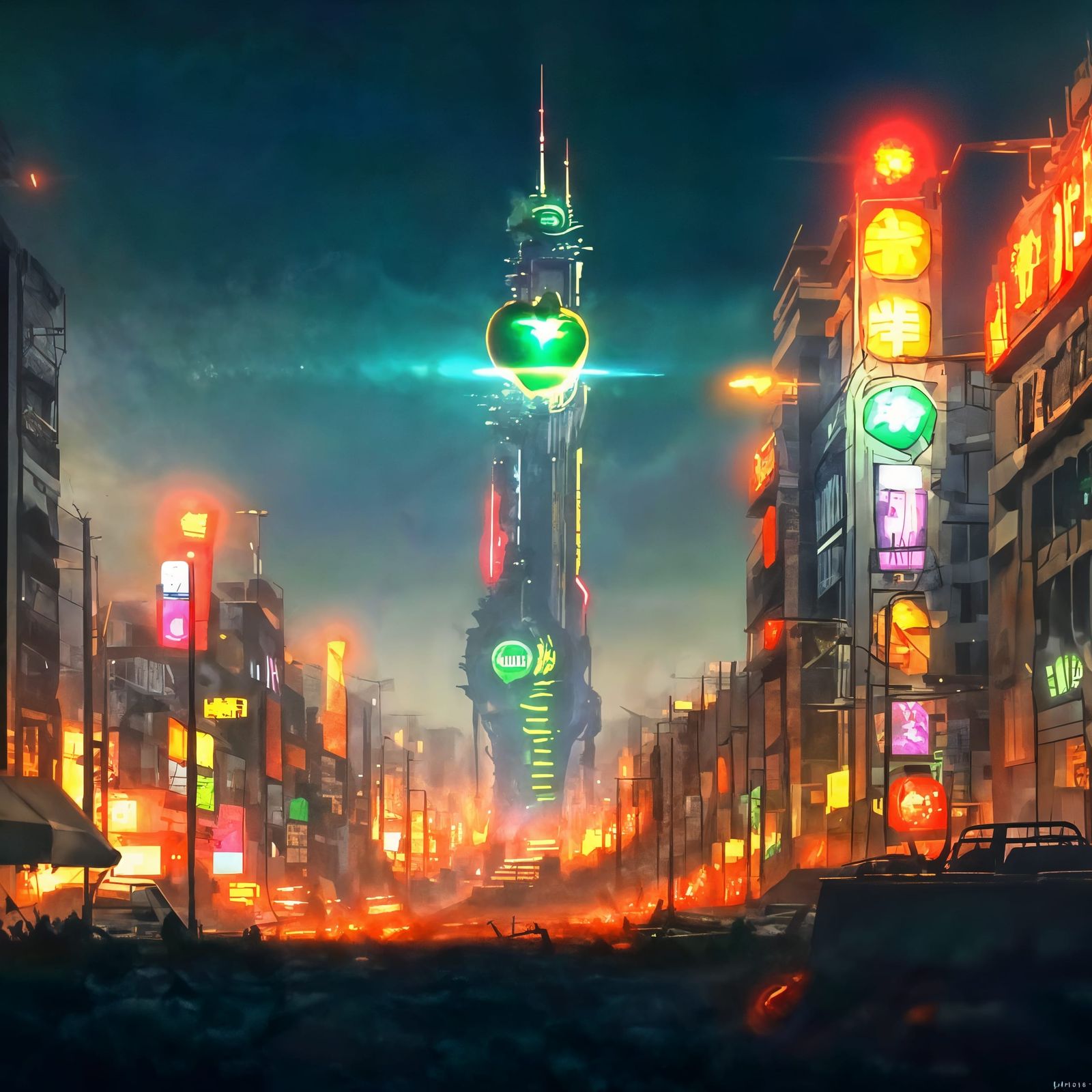 Cyberpunk Cityscape with Surreal Apples in Neon Green
