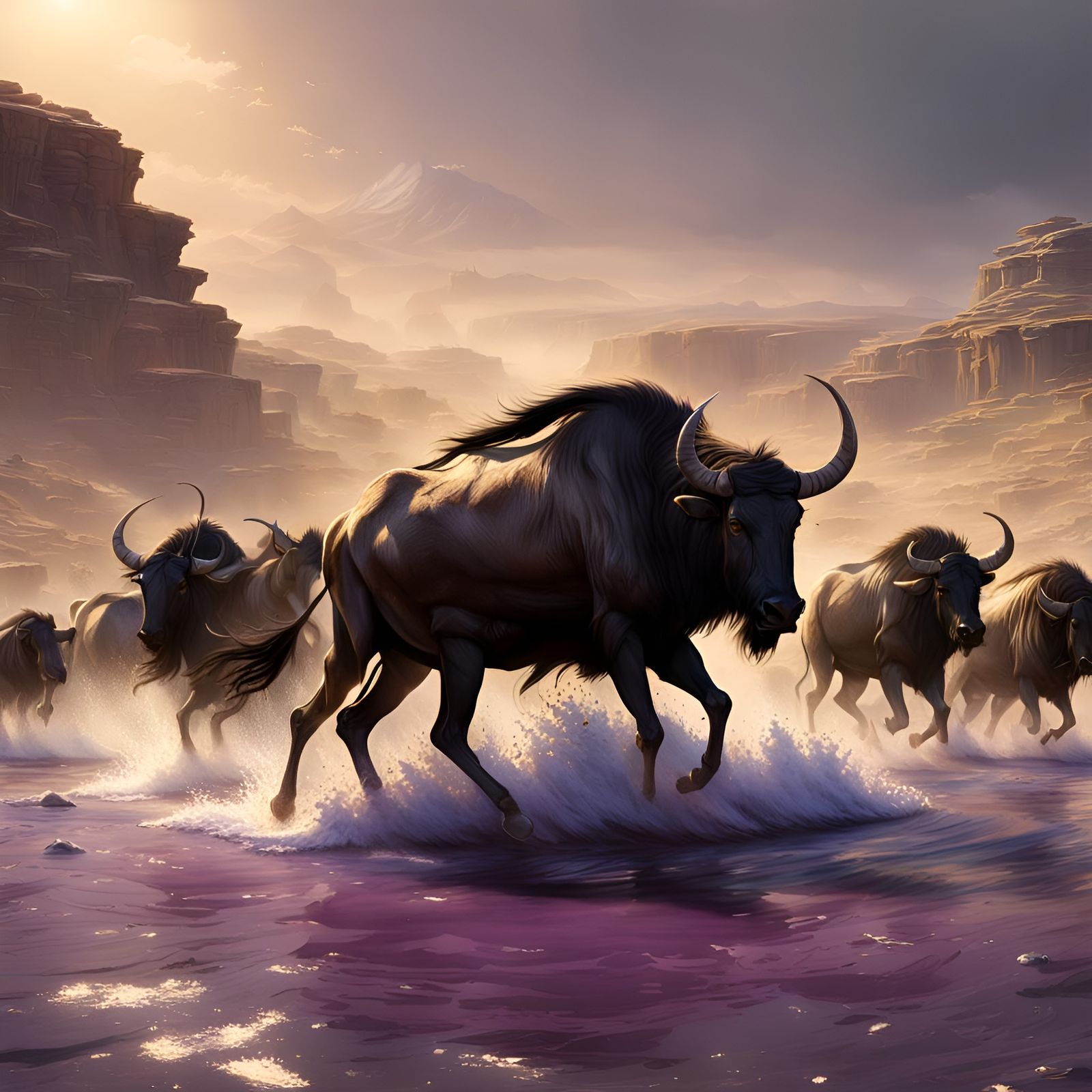 Wildebeest Stampede Across Watery Desert, Dark Fantasy Art
