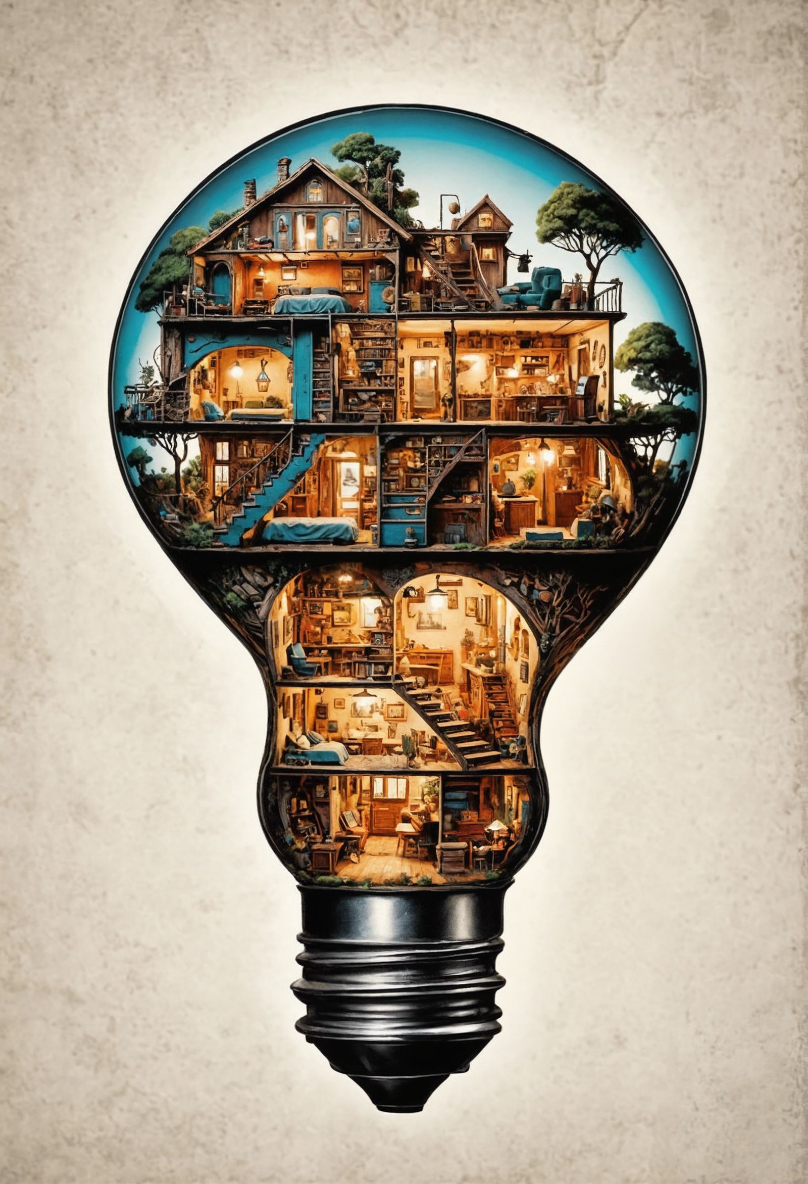 House Inside Lightbulb: Meticulously Detailed Maximalist Art