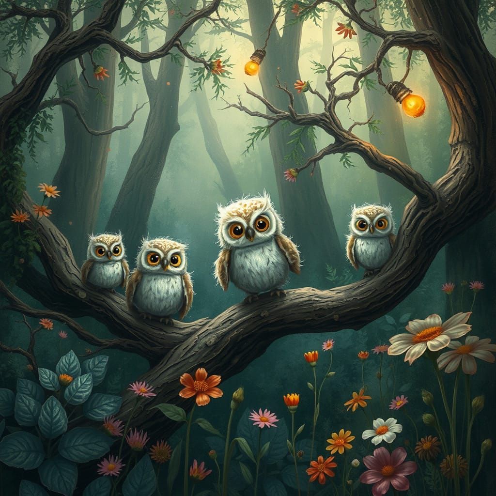 Whimsical Forest Filled with Vibrant Wildflowers and Fluffy...