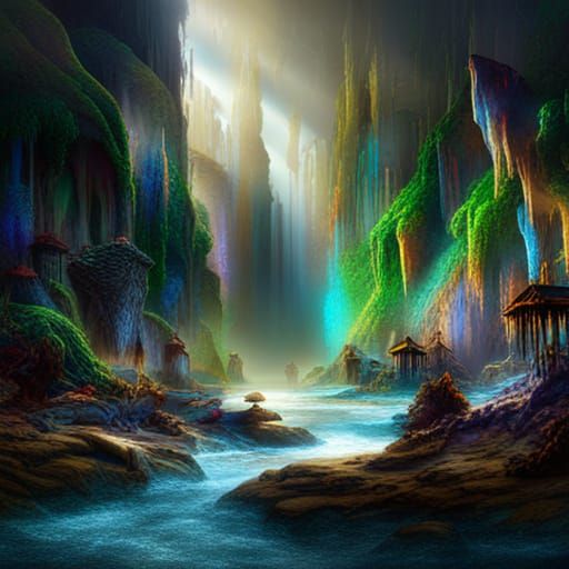 Mysterious Jewel-Filled Cavern with Shimmering Stalactites