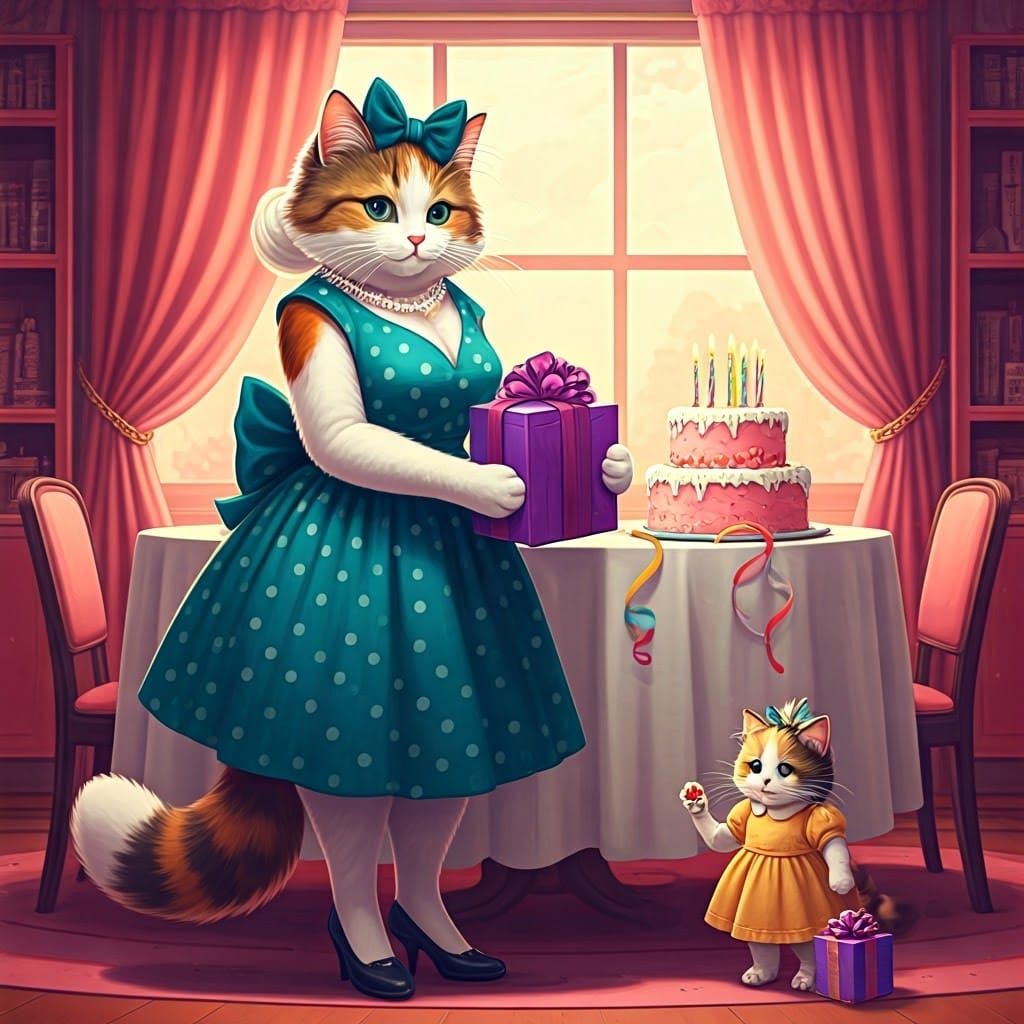 Calico Cat's 50s Birthday in Anime Style