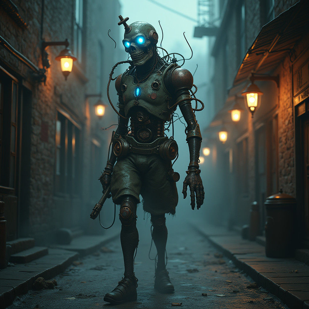 Steampunk Zombie Rises in Foggy Alleyway