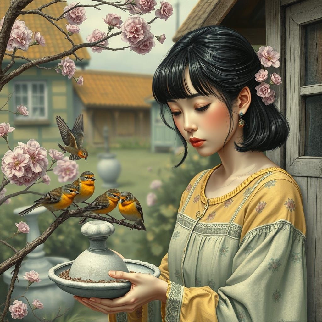 Surreal Cottagecore Woman Feeds Colorful Birds in a Serene L...
