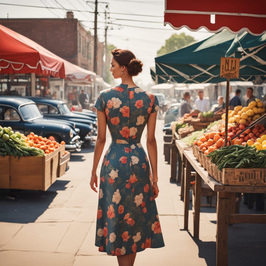 1950s Woman at Farmers Market in Splash Art Style