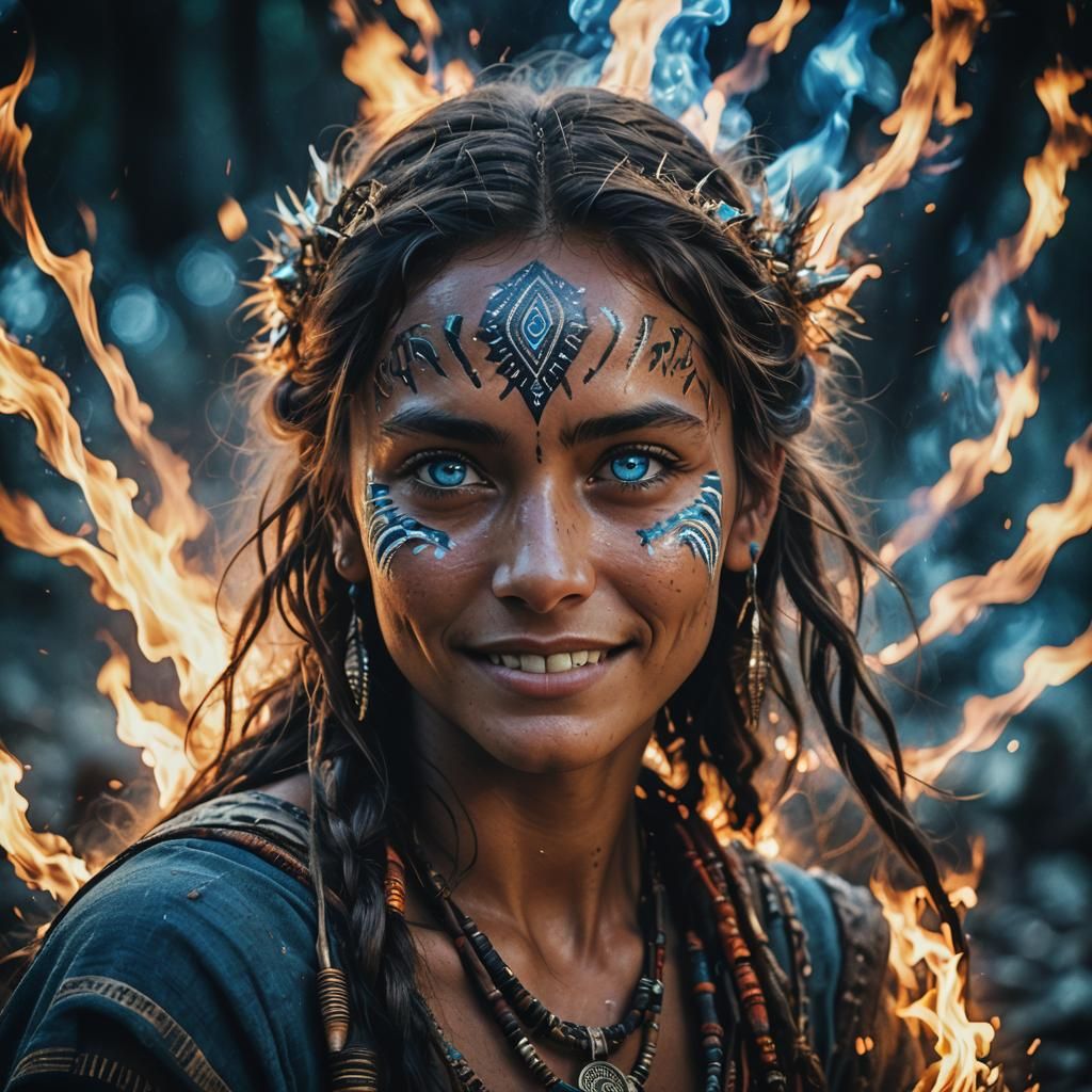 Tribal Woman's Hope: Cinematic Waterflame Reflection