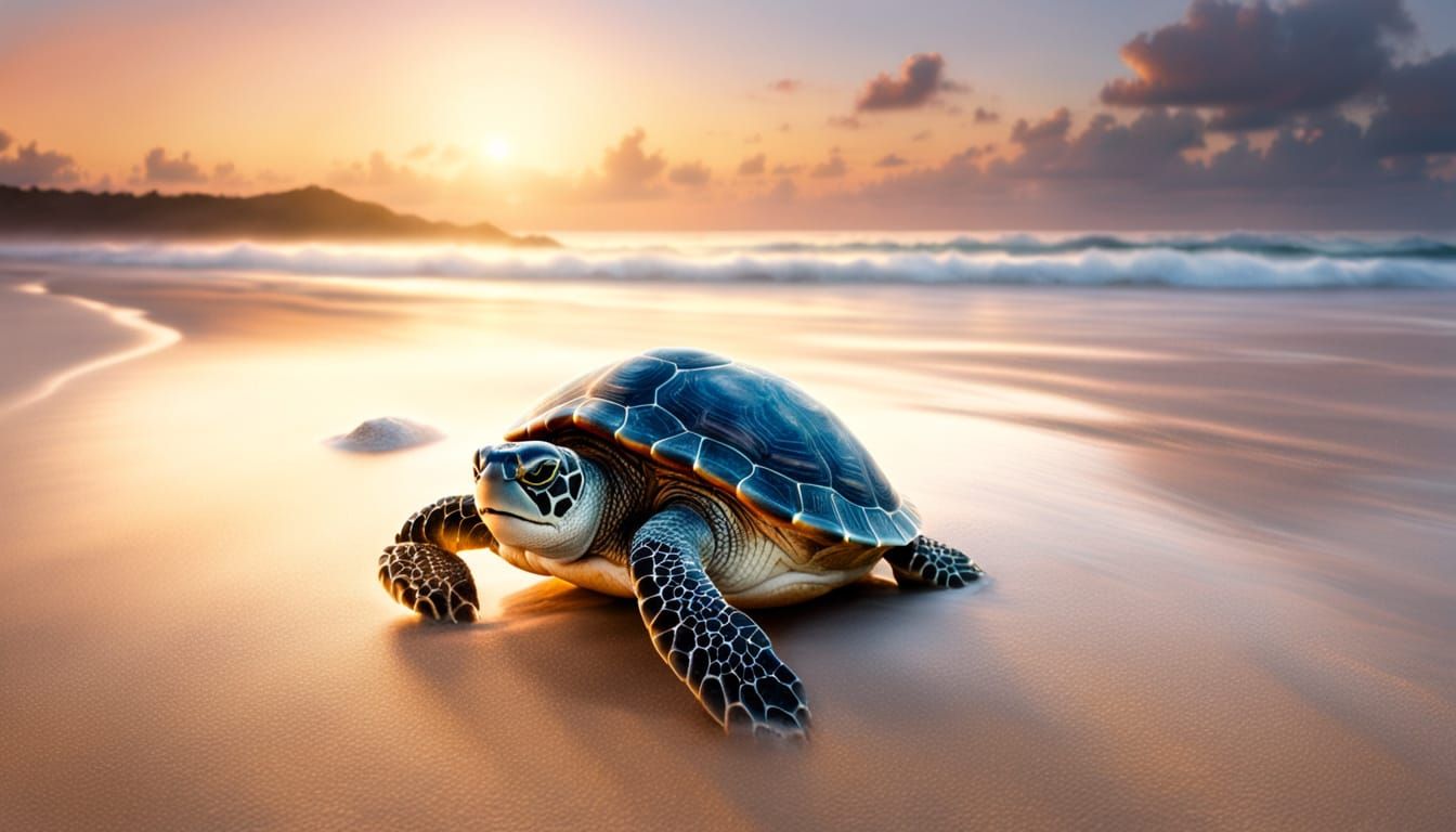 Sunset Over Ocean with Turtle in Soft Light