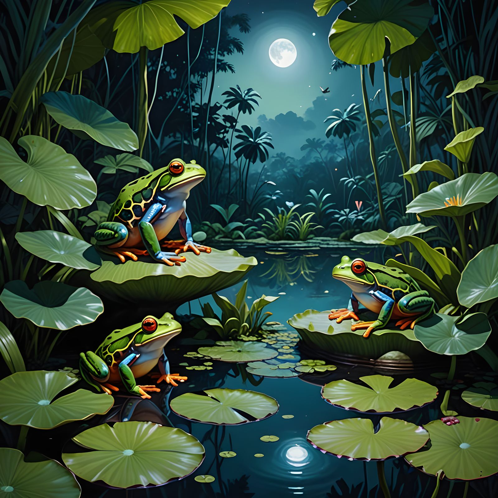 Vibrant Frogs by Jungle Pool at Moonrise