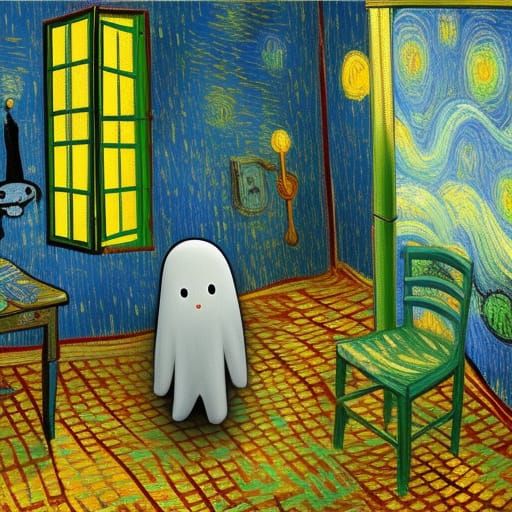 Kawaii Ghosts in Haunted House: Van Gogh Style