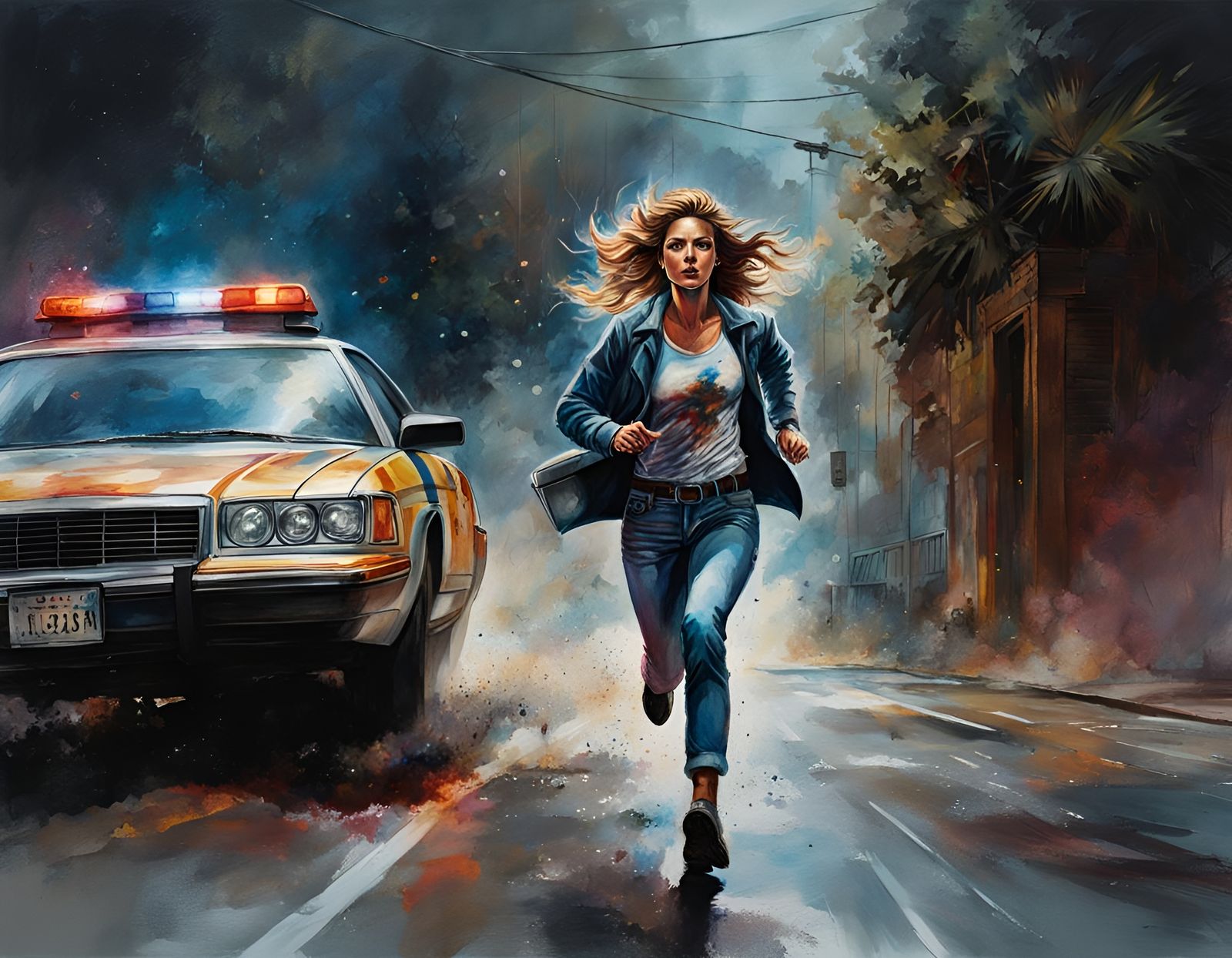 Female Suspect Runs from Police in Watercolor Style