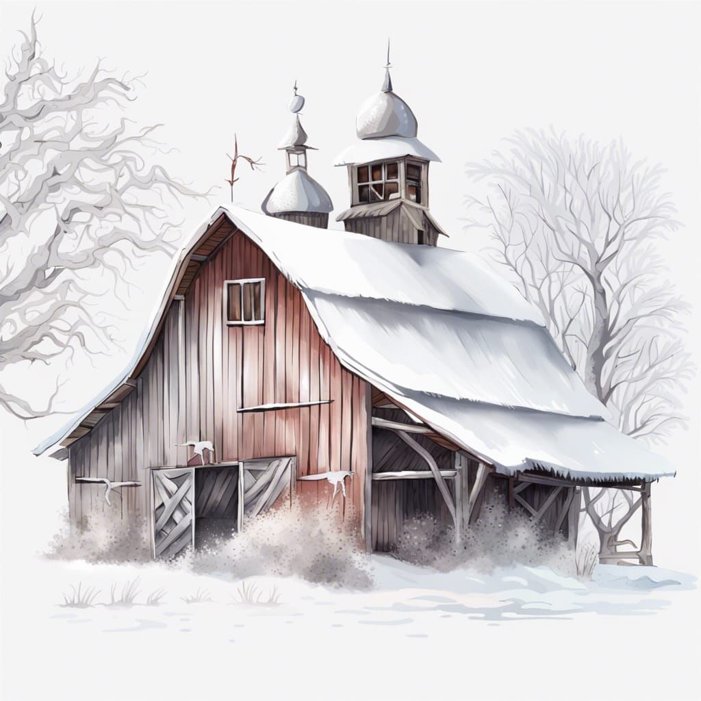 Fantasy Winter Barn on White Background