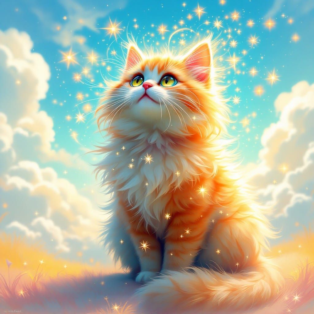 Joyful Whimsical Cat Surrounded by Sparkling Magic