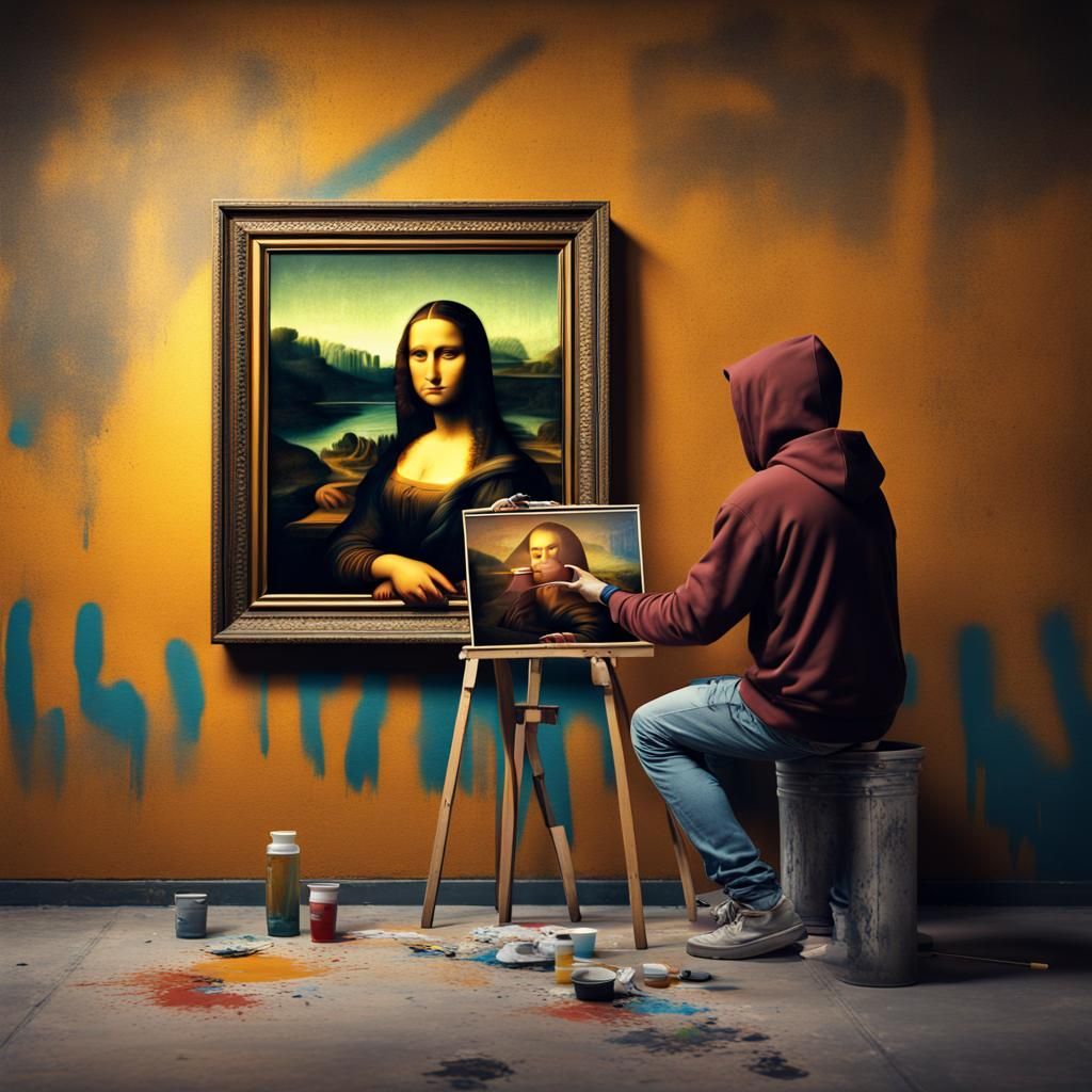 Man in Hoodie Stencil Painting of Mona Lisa