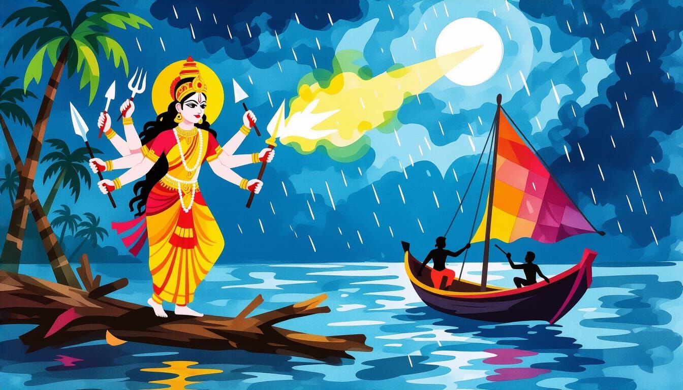Goddess Durga Protects Stormy Coast: Watercolor Impasto