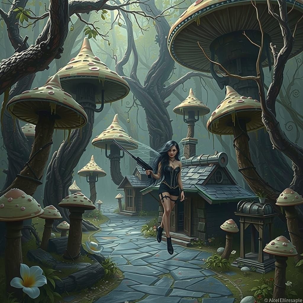 Fairy Admires Steampunk Wonderland in Decaying Mushroom Fore...