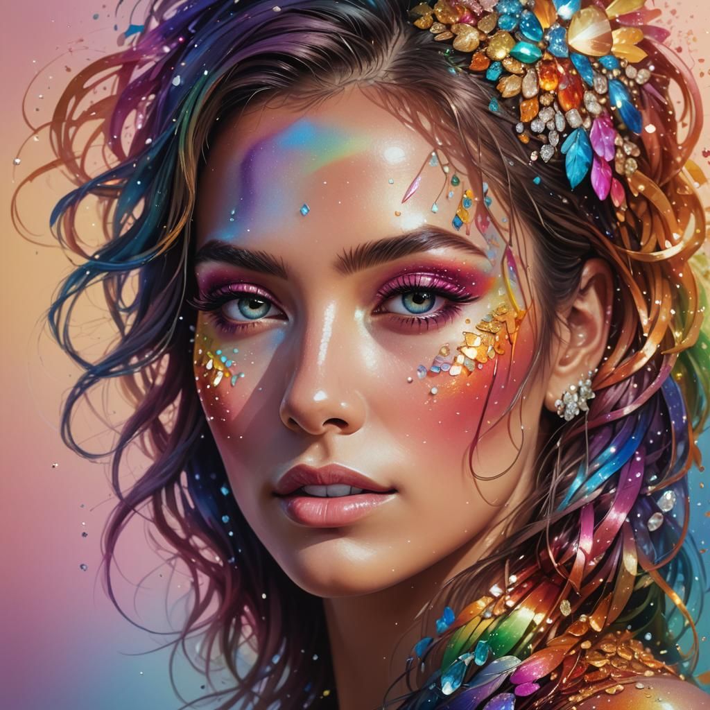 Rainbow Woman Portrait with Diamond Eyelashes