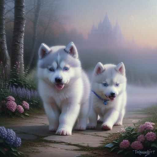 cute blue-eyed Siberian husky puppies bumping into each other