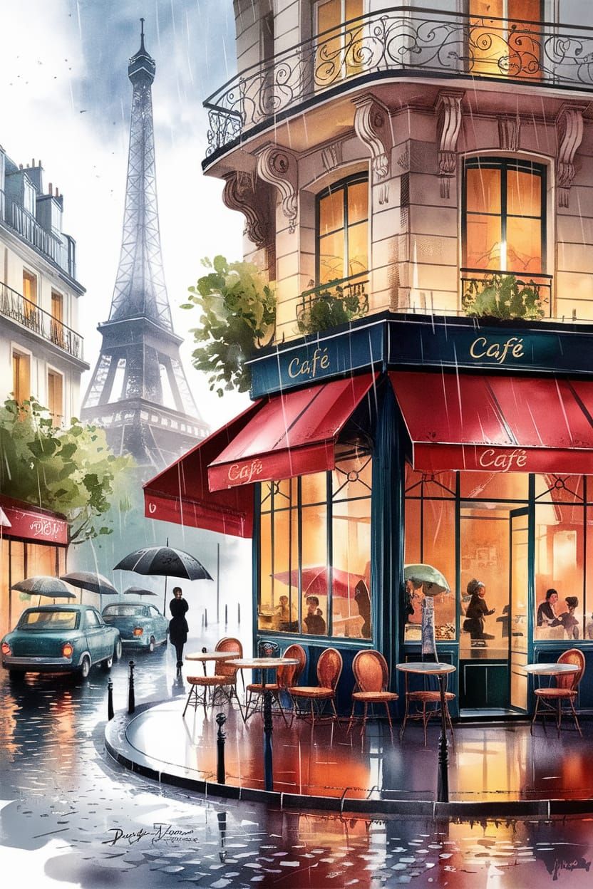 Romantic Parisian Café Scene in Watercolor
