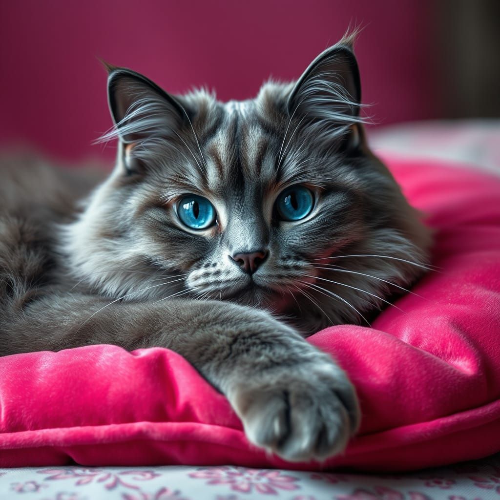 Majestic Grey Cat in Rose-Hued Splendor