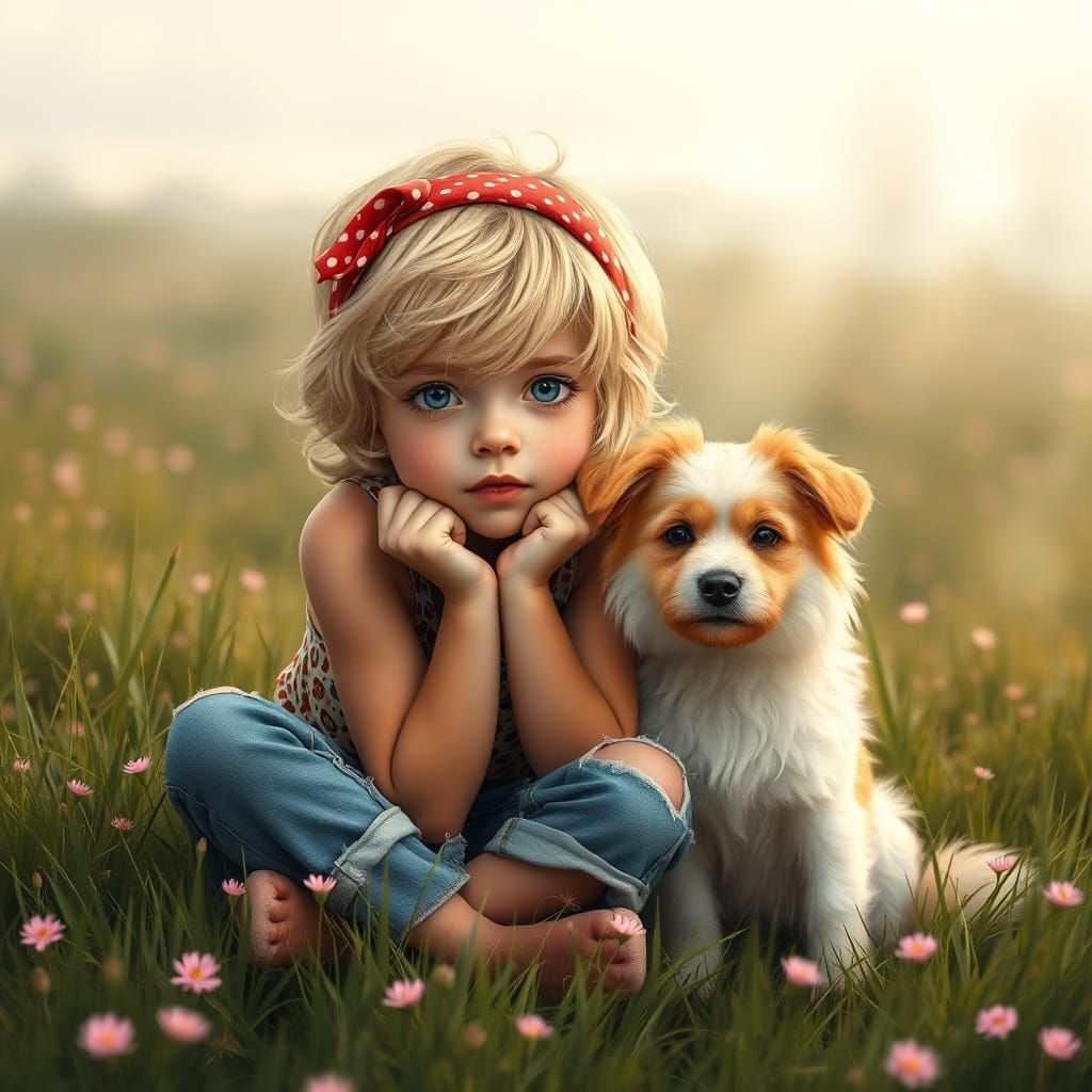 Ethereal Portrait of Girl with Dog in Fantasy Landscape
