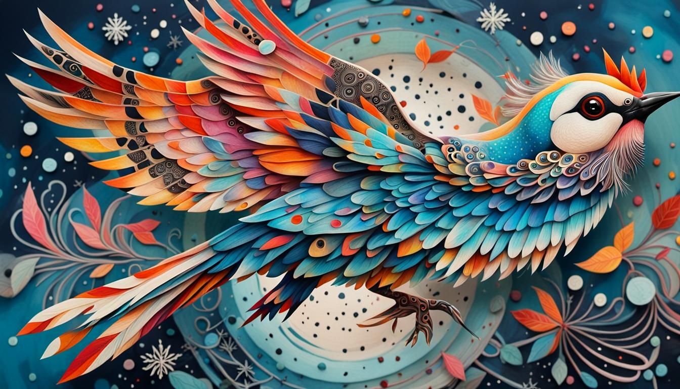 Vibrant Abstract Bird in Flight with Tribal Patterns
