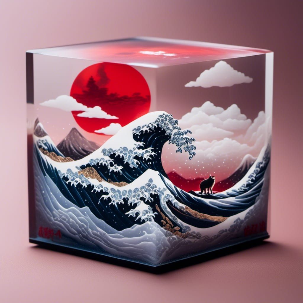 Hokusai Wave in Glass Cube with Red Fox