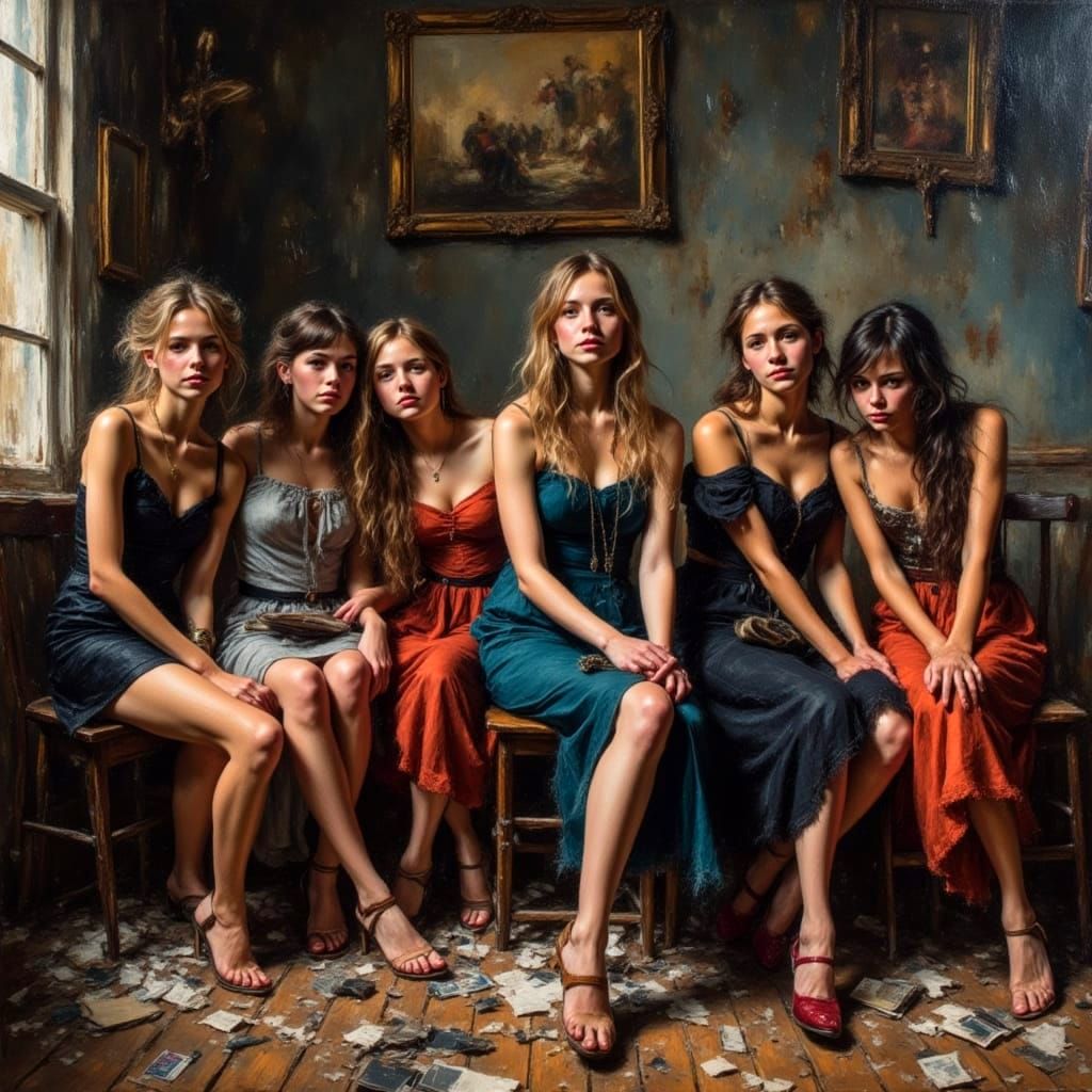 Five Elegant Women in Grungy Room Oil Painting