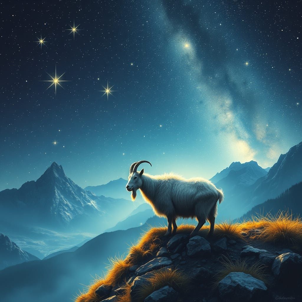 Mountain Goat in Glittering Starscape