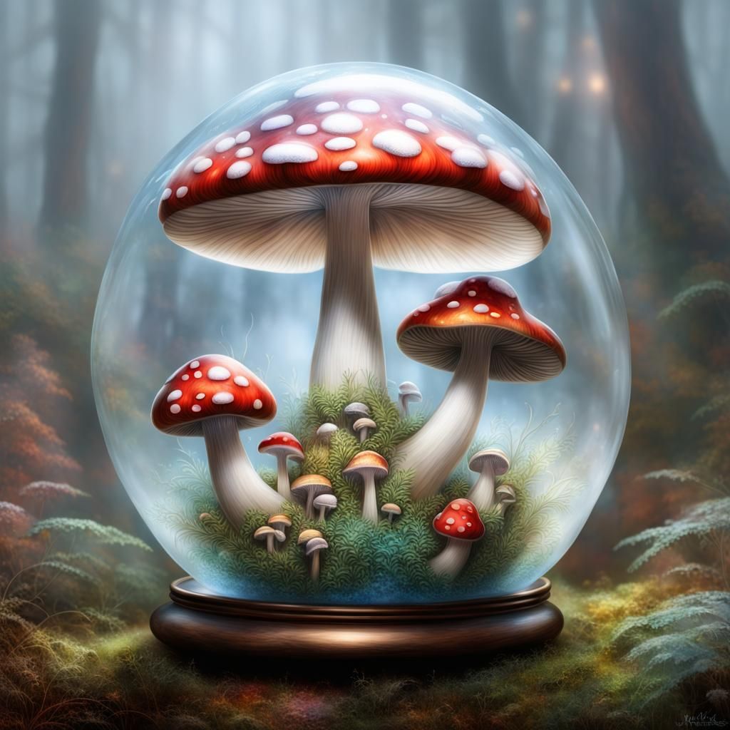 Hyperrealistic 3D Glass Mushroom Fantasy