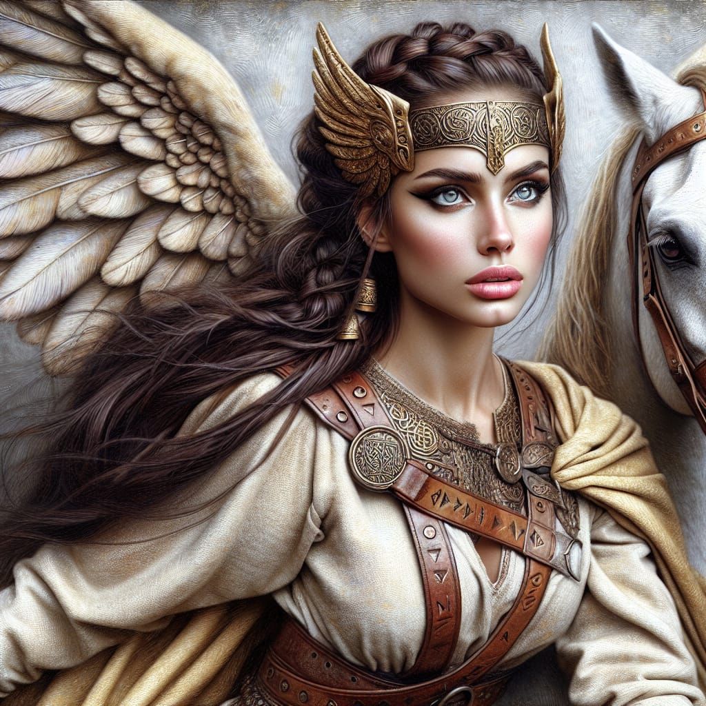Valkyrie Riding Winged Horse into Battle as Digital Art