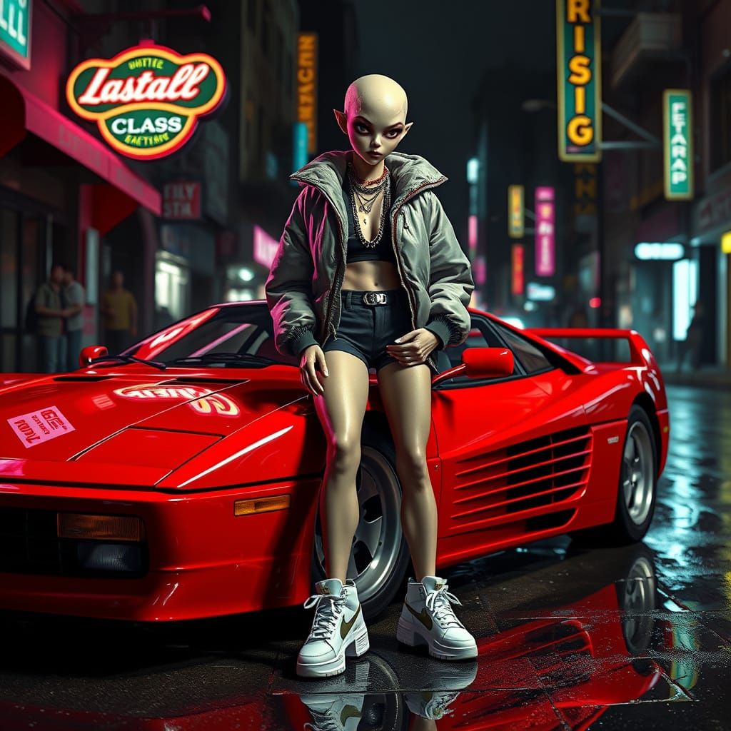 Alien Goddess Cruises Futuristic Cityscape in Style