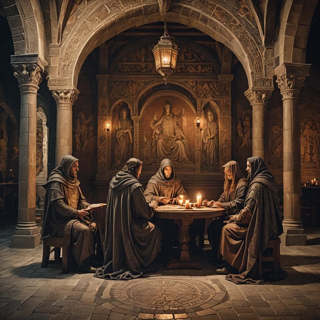 Medieval Mosaic Art: Discussion in a Grand Hall