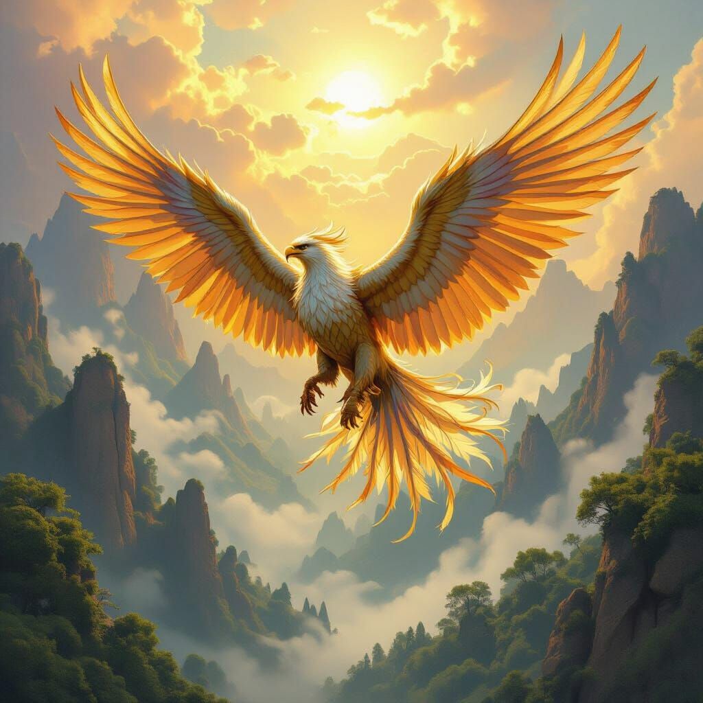 Griffin Soaring Through Sunlit Sky in Fantasy Art Style
