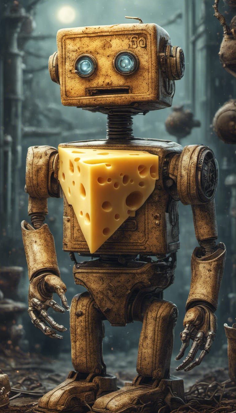 "The Sad Cheese Robot made of Cheese, Artgerm, Jean Tinguely, Dan Mumford,; Beautiful Techincal Biomechanical hyperreal...
