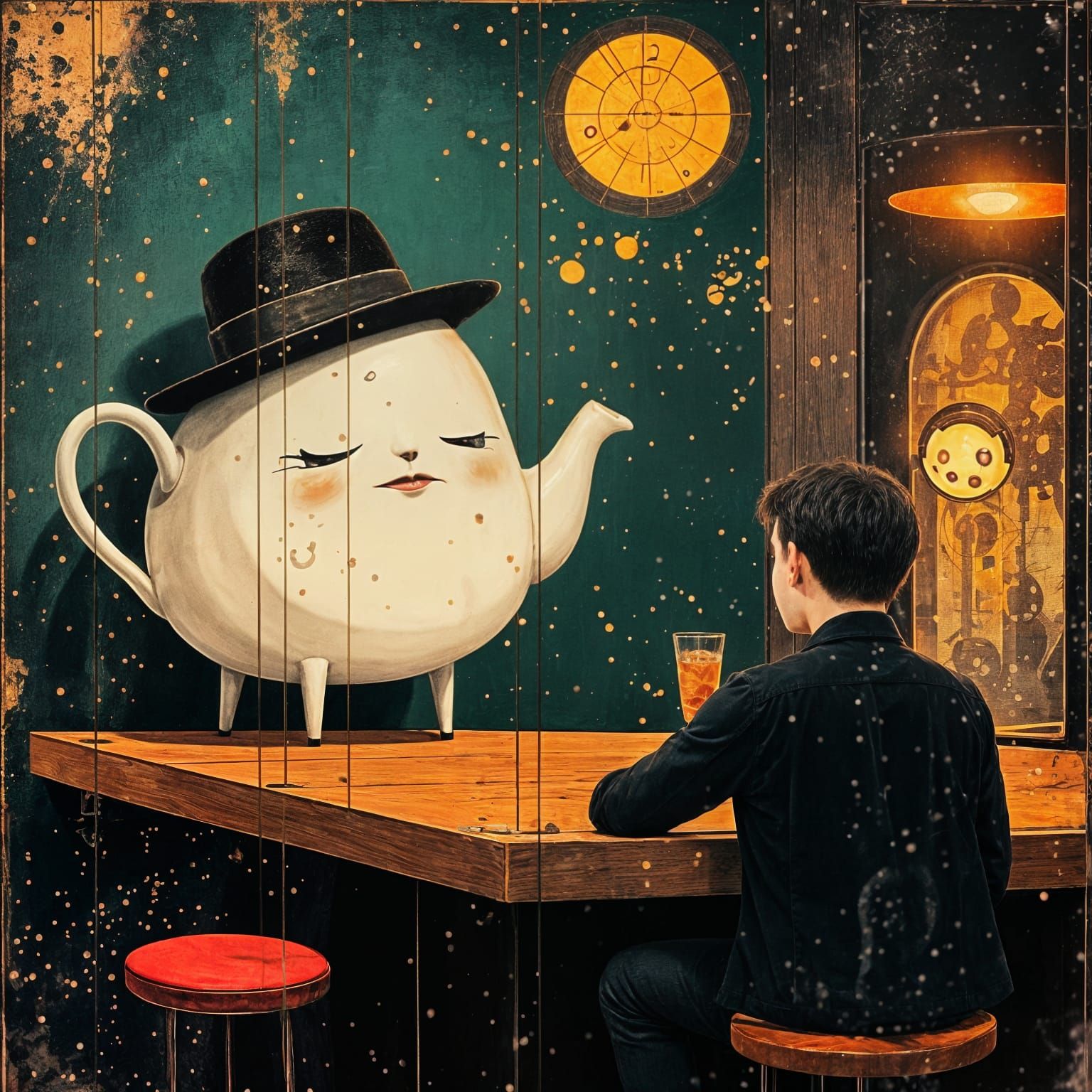 Anthropomorphic Teapot Plays Darts in Bar Scene