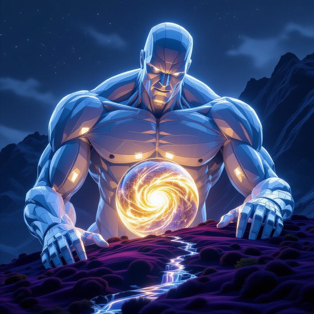 Crystal Titan Sleeping on Mountainside with Bioluminescent T...