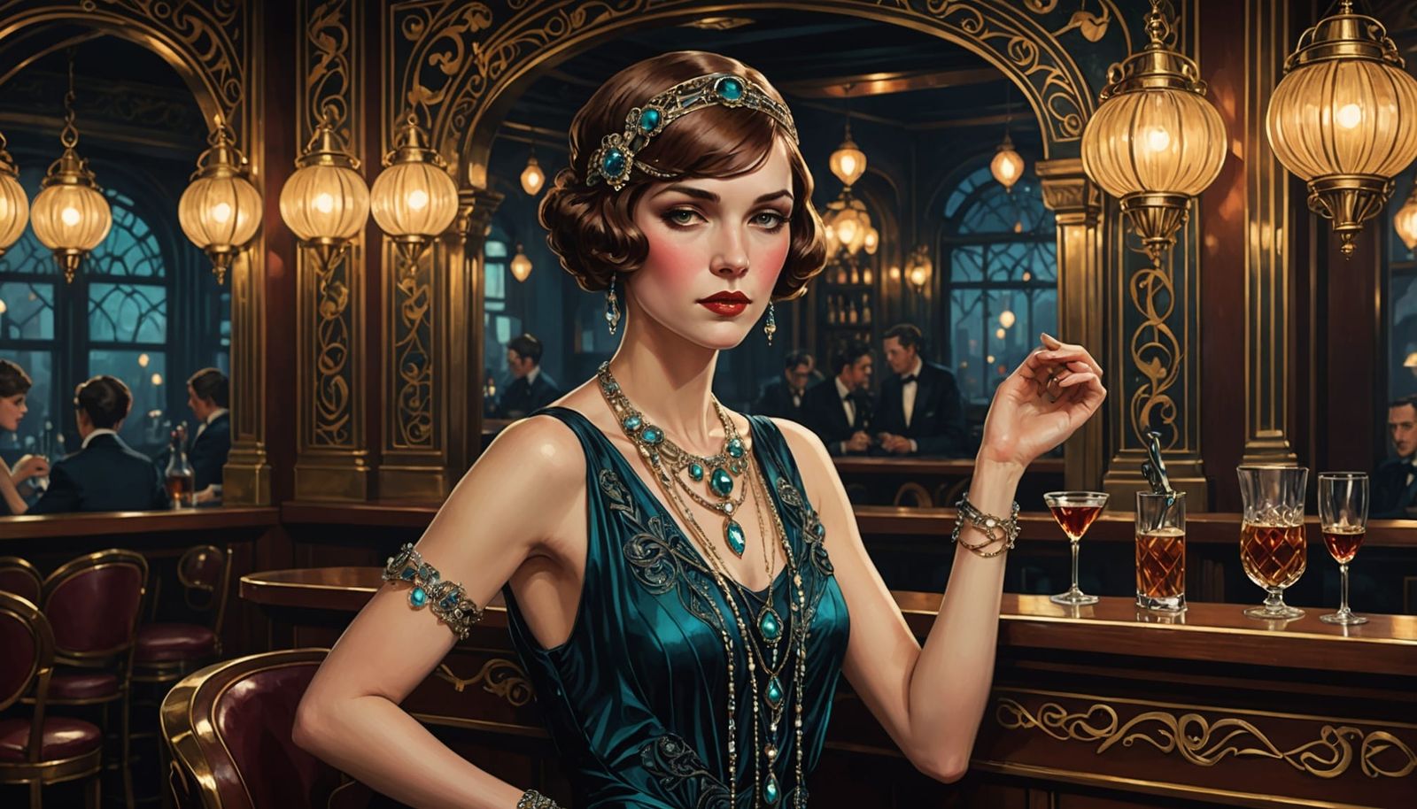 Art Nouveau Flapper Girl in Opulent Jazz Club