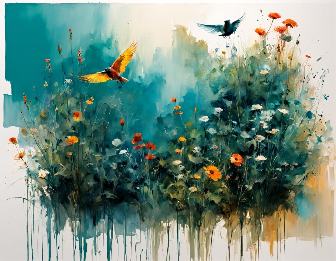 Enchanting Turquoise Garden in Watercolor Linocut Style