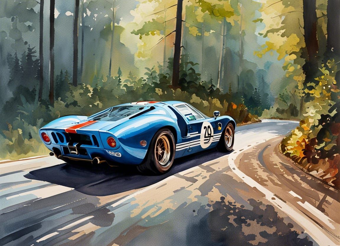 Ford GT40 on Nürburgring in Gouache Watercolor Style