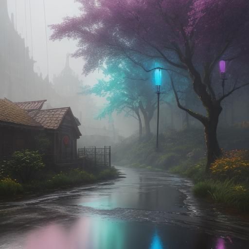 Rainbow Cat in Rainy Fantasy World